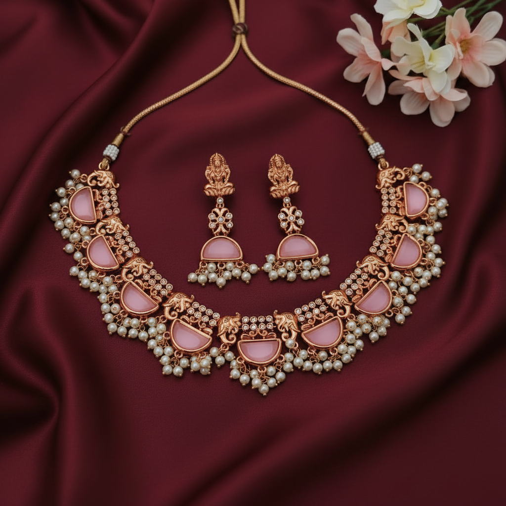 PINK PARUSHI TEMPLE JEWELLERY SET