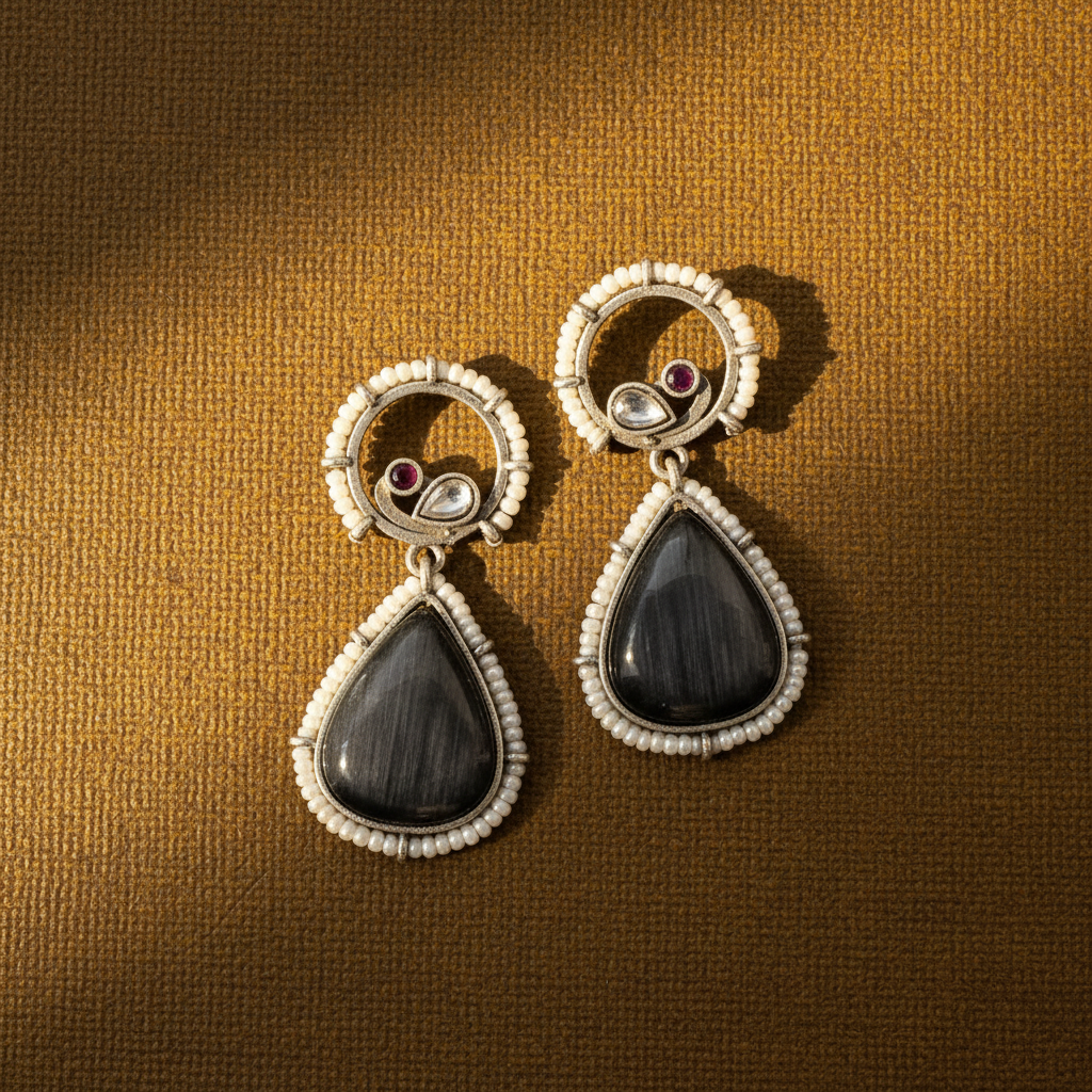 BLACK ANALA SILVER PLATED EARRINGS