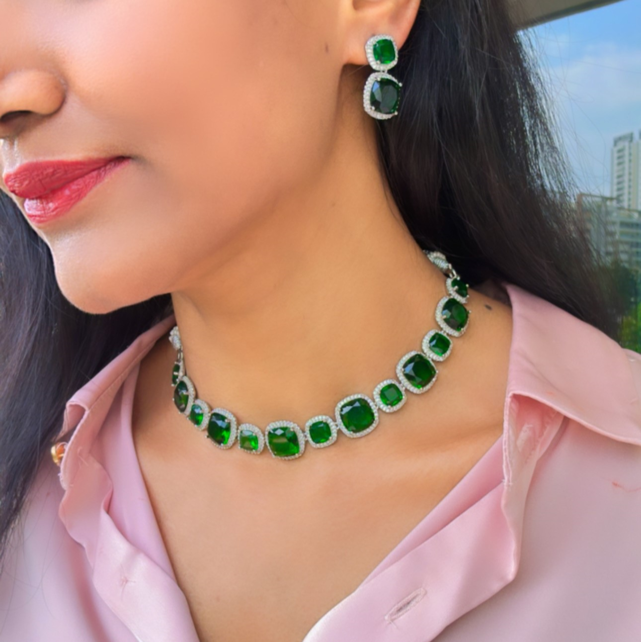EMERALD AZARIN AMERICAN DIAMOND JEWELLERY SET