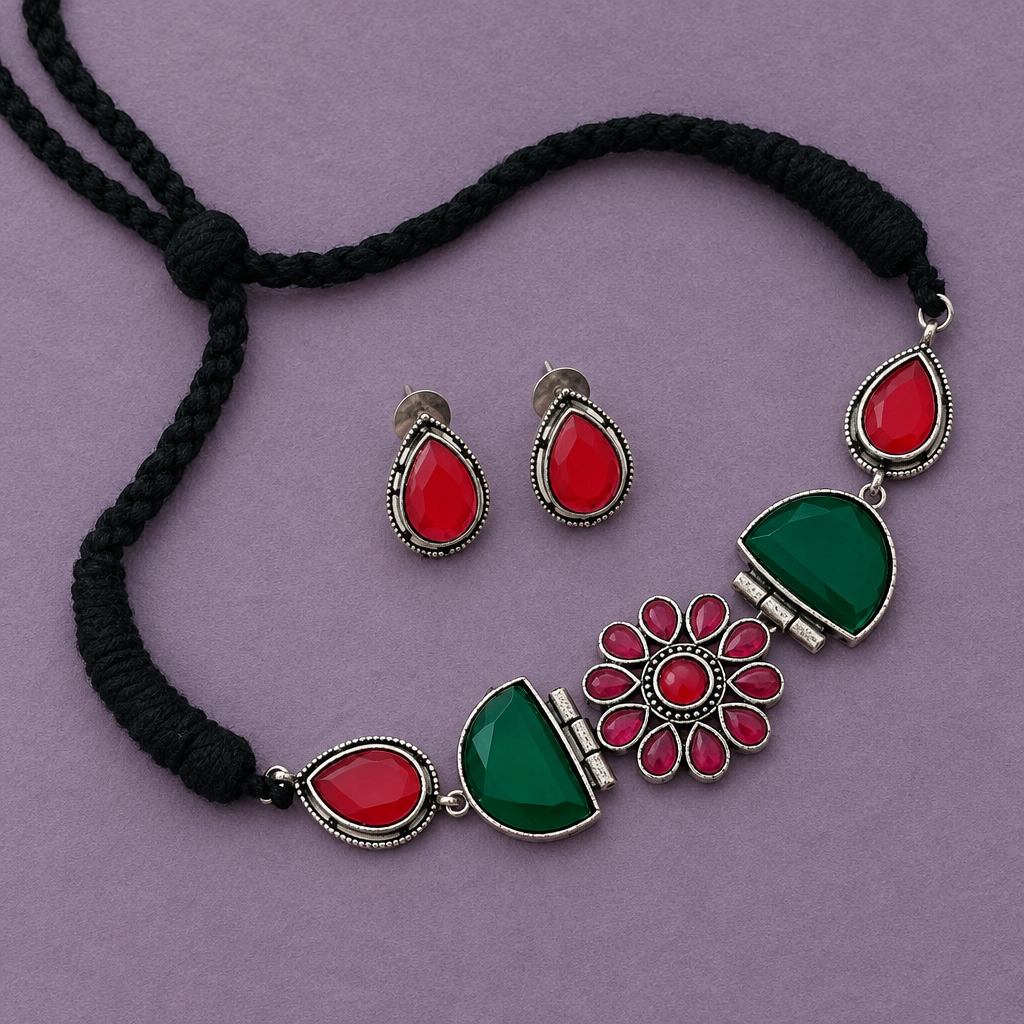 MULTICOLOR KARYA SILVER PLATED JEWELLERY SET