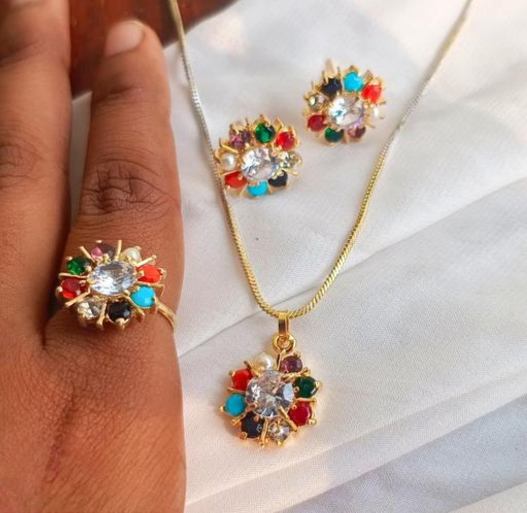 NAVRATAN CHAIN PENDANT EARRING WITH ADJUSTABLE RING