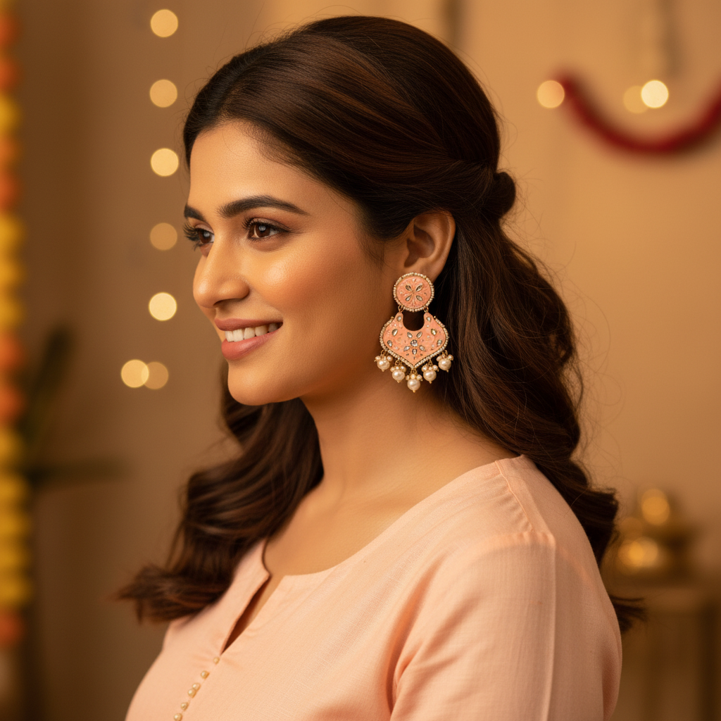 PEACH ARABIAN KUNDAN CHANDBALI EARRINGS