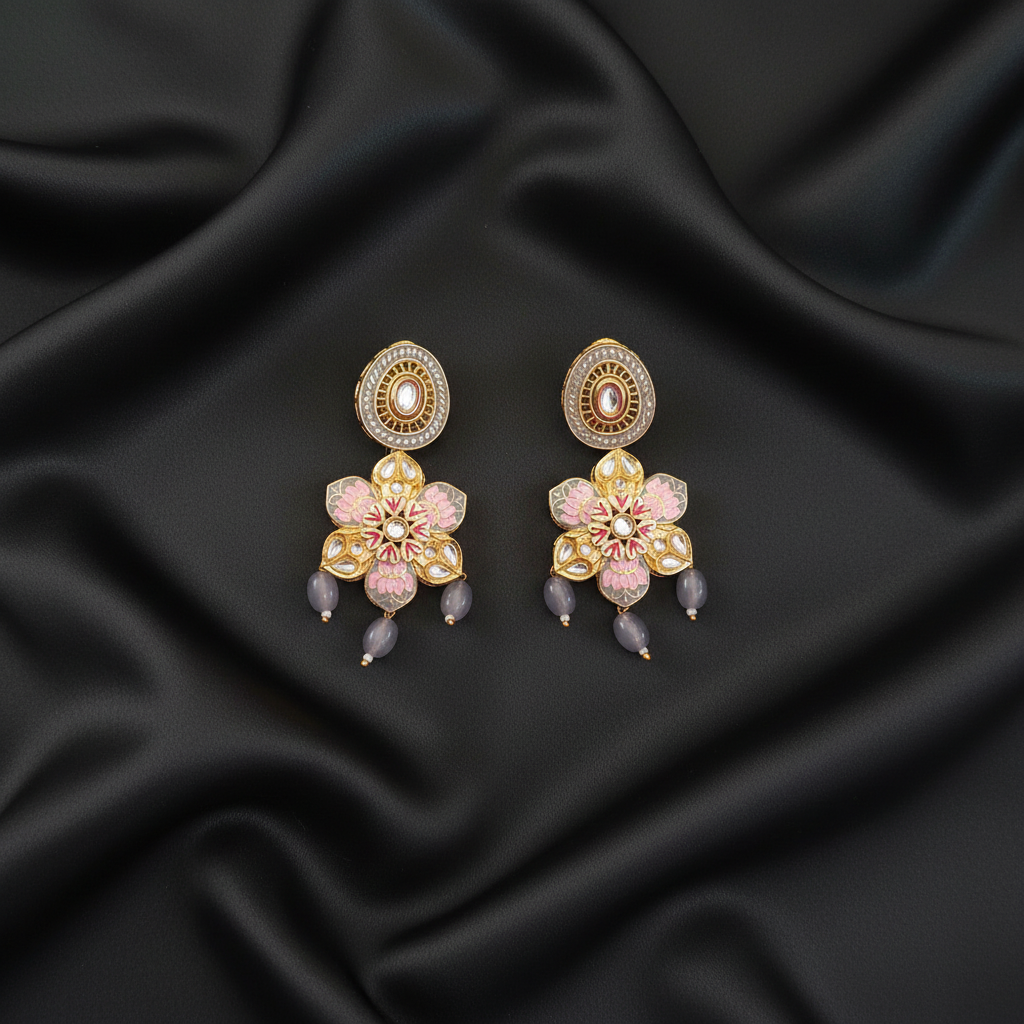 GREY LOTUS KUNDAN DANGLER EARRINGS