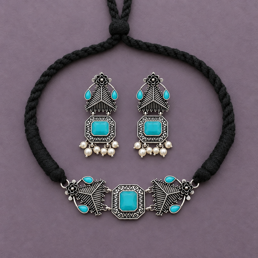 TURQUOISE MRITSA SILVER PLATED JEWELLERY SET