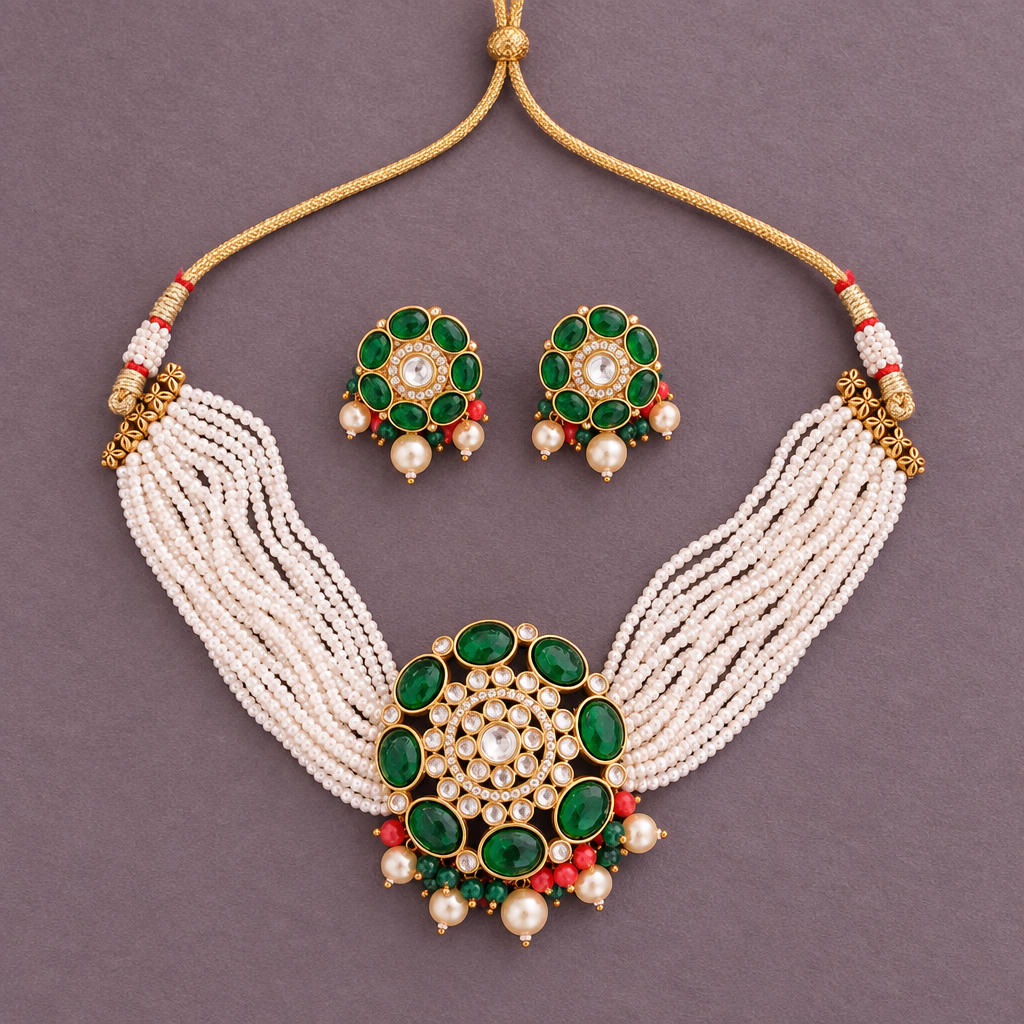 EMERALD ADVIKA KUNDAN JEWELLERY SET