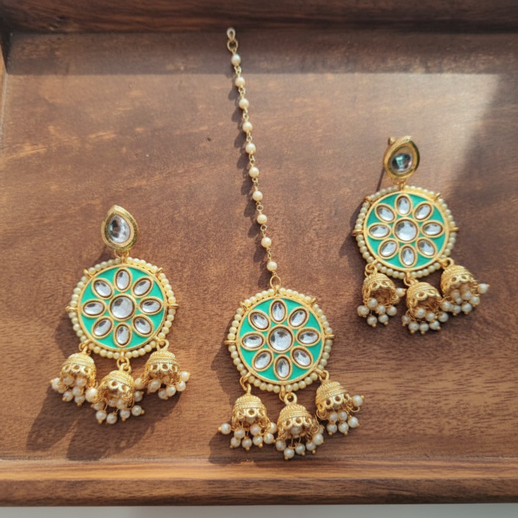 MINT MAYA KUNDAN EARRINGS - WITH MAANG TIKKA