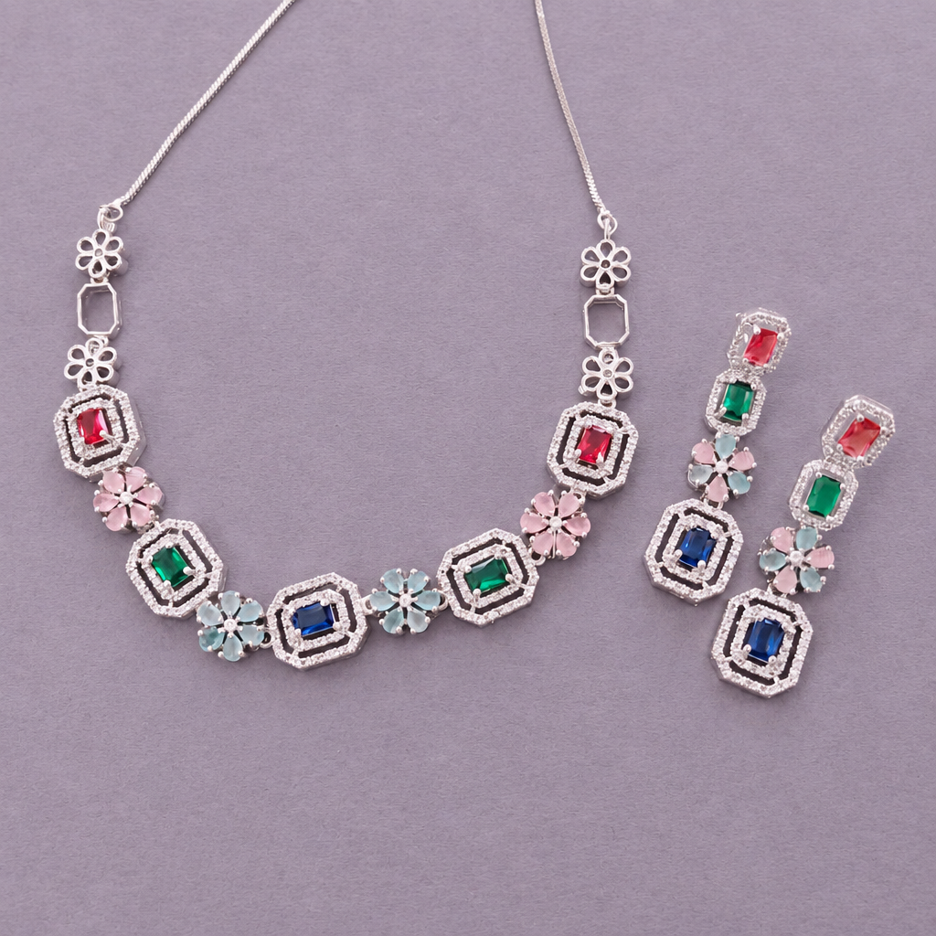 MULTICOLOR AAROHI AMERICAN DIAMOND JEWELLERY SET