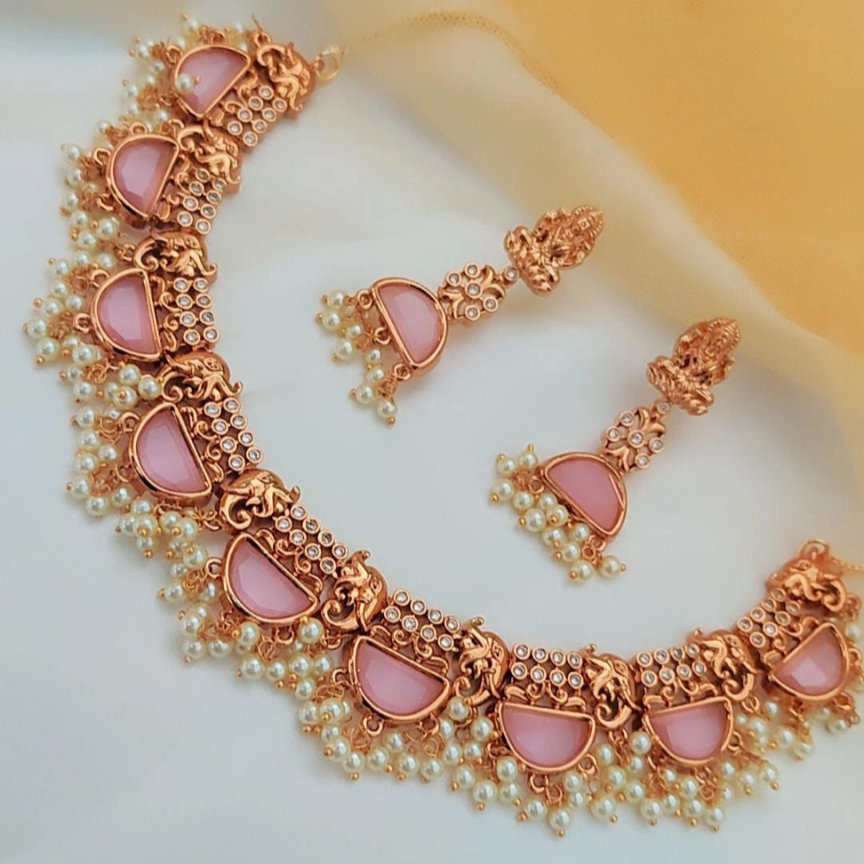 PINK PARUSHI TEMPLE JEWELLERY SET