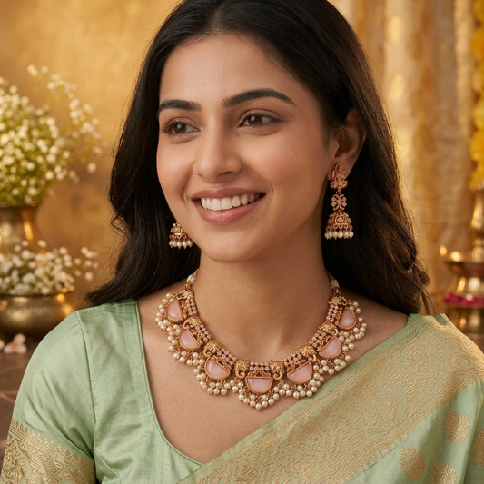 PINK PARUSHI TEMPLE JEWELLERY SET