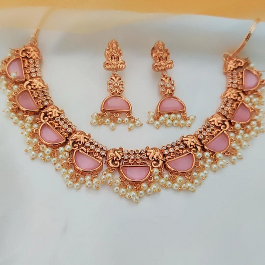PINK PARUSHI TEMPLE JEWELLERY SET