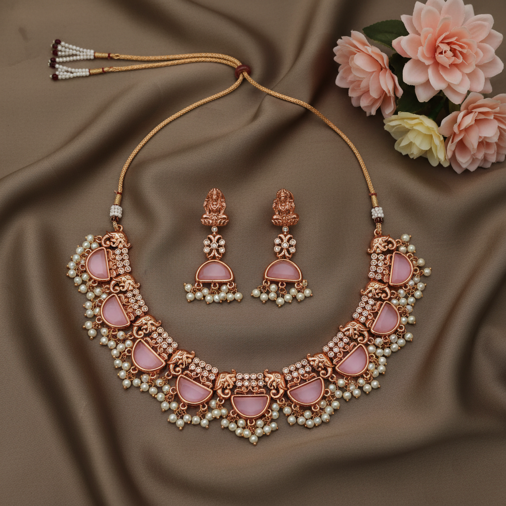 PINK PARUSHI TEMPLE JEWELLERY SET