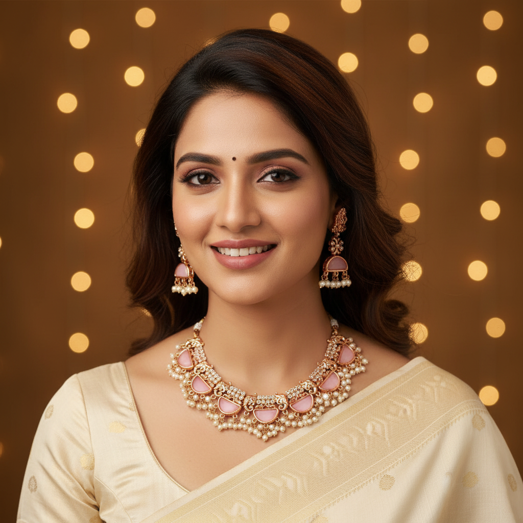 PINK PARUSHI TEMPLE JEWELLERY SET