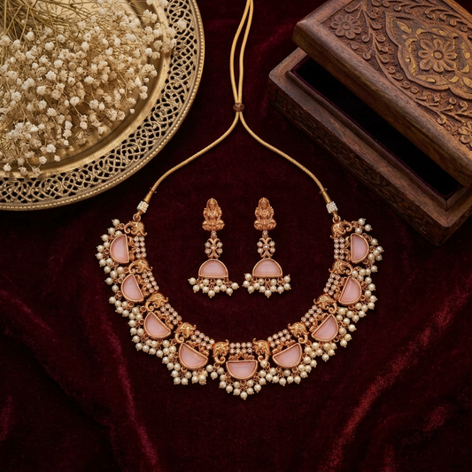 PINK PARUSHI TEMPLE JEWELLERY SET