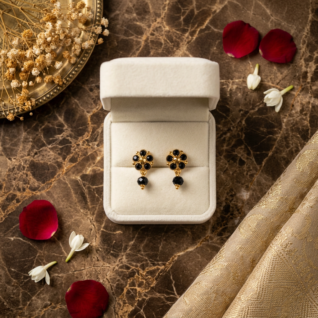 GOLDEN DAMINI BLACK BEAD STUD EARRINGS