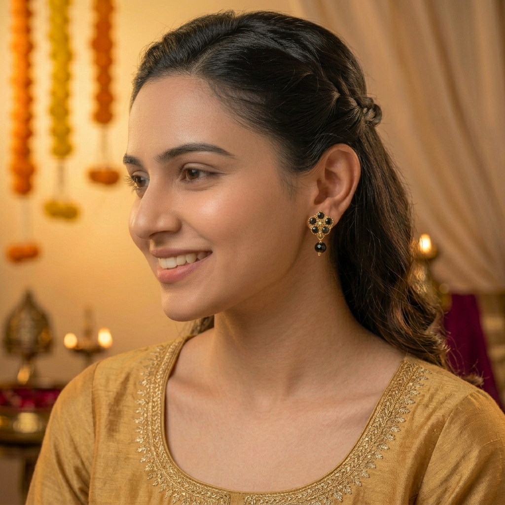 GOLDEN DAMINI BLACK BEAD STUD EARRINGS