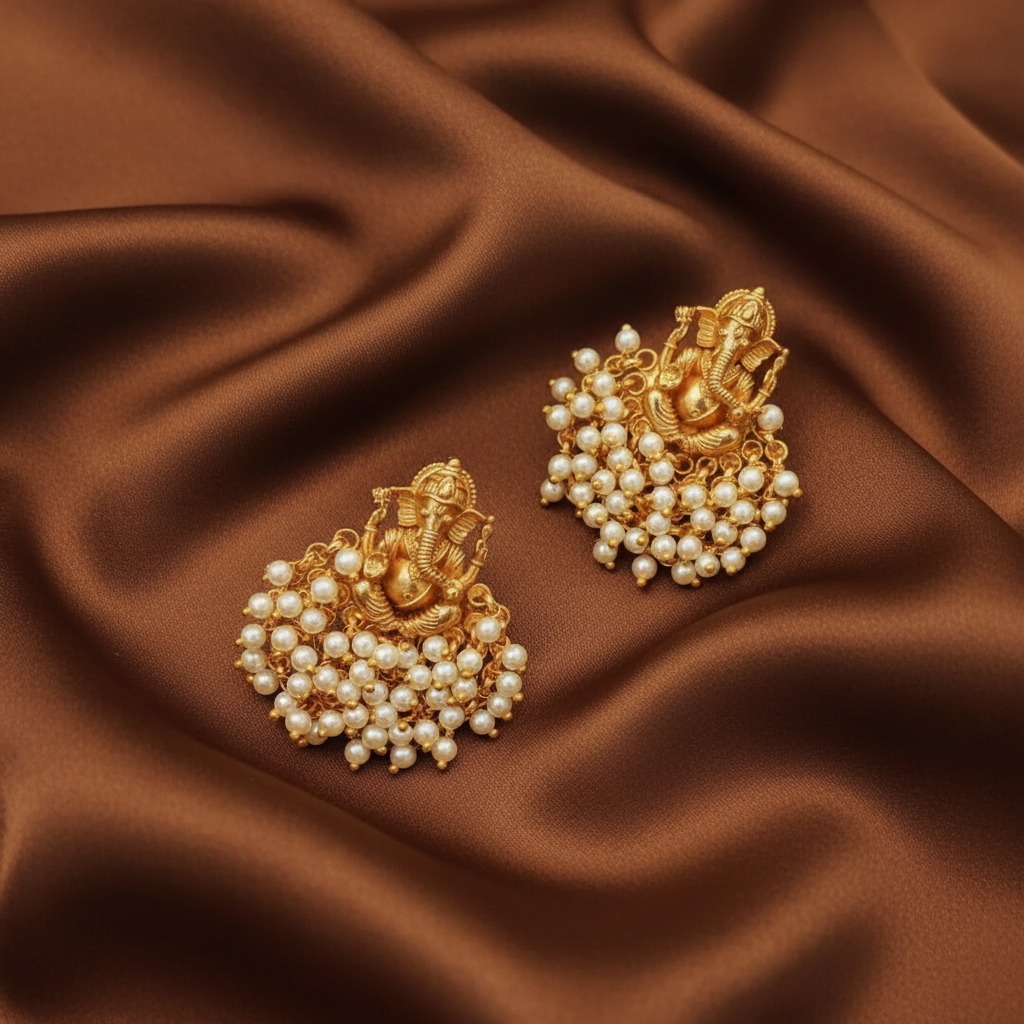 GOLDEN GANESH TEMPLE STUD EARRINGS