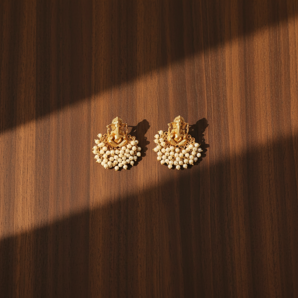 GOLDEN GANESH TEMPLE STUD EARRINGS