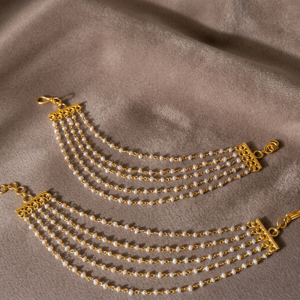 18K GOLD POLISH FIVE LAYER PEARL EAR CHAIN