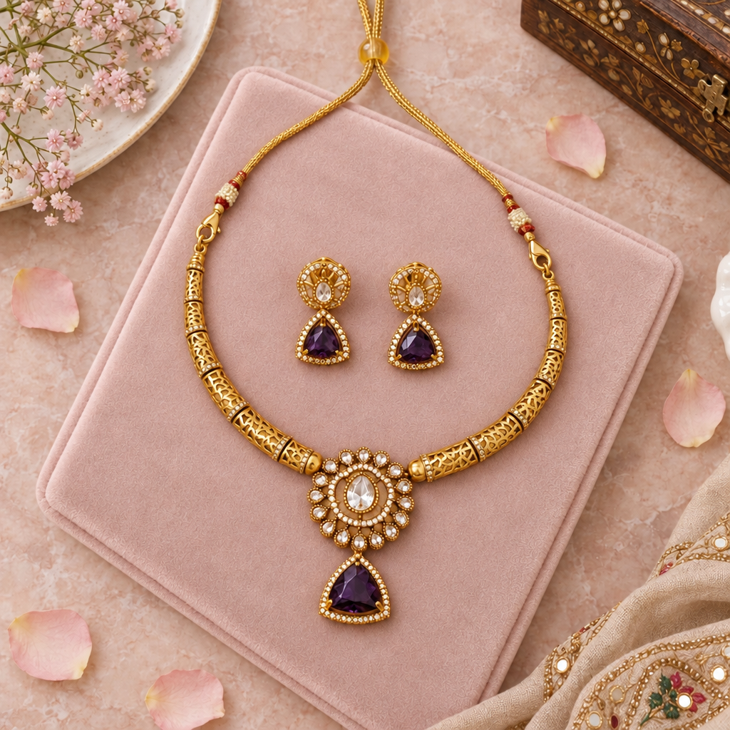 PURPLE MANJU WARRIER VICTORIAN JEWELLERY SET