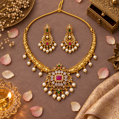 WHITE KRIYAN TEMPLE JEWELLERY SET