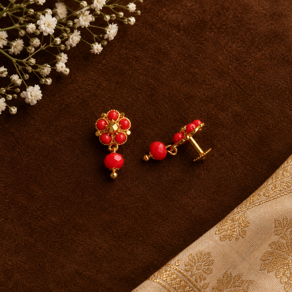 GOLDEN DAMINI CORAL STUD EARRINGS