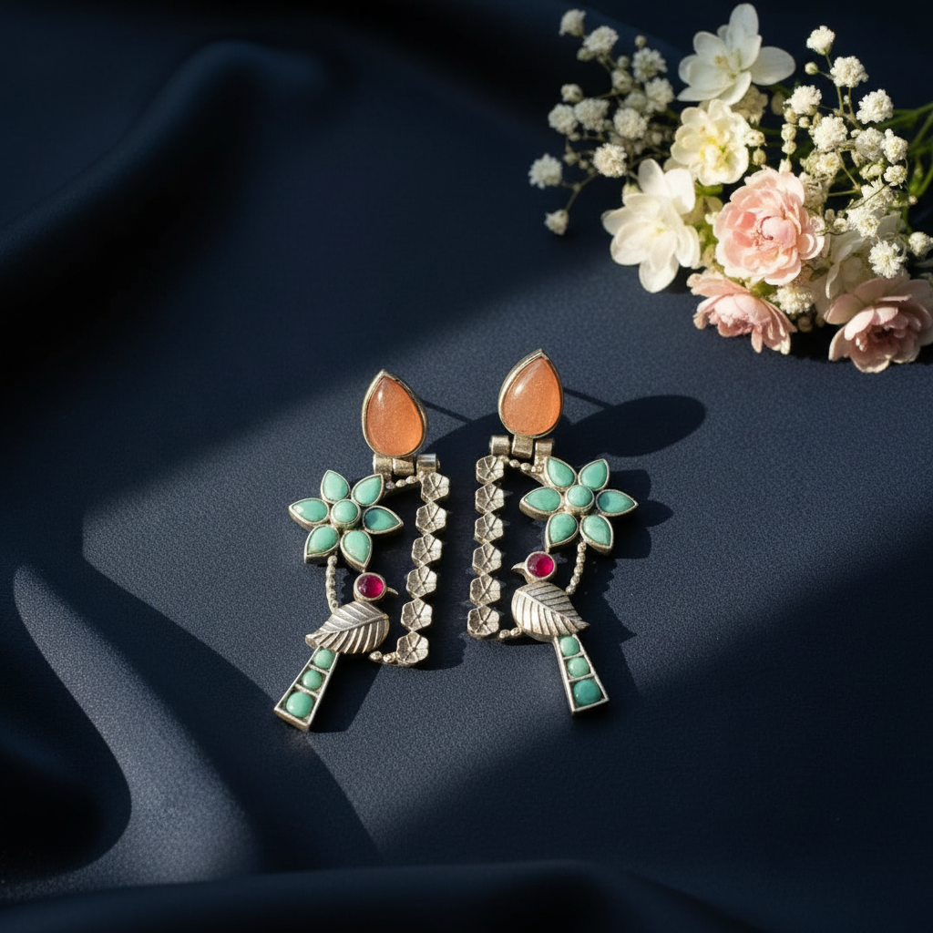 TURQUOISE BIRD SILVER PLATED EARRINGS