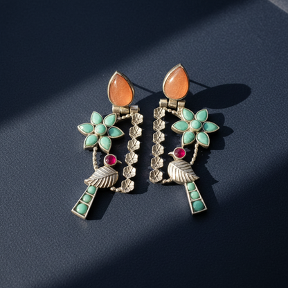 TURQUOISE BIRD SILVER PLATED EARRINGS