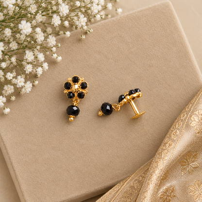 GOLDEN DAMINI BLACK BEAD STUD EARRINGS