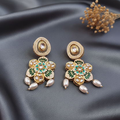 EMERALD LOTUS KUNDAN  DANGLER EARRINGS