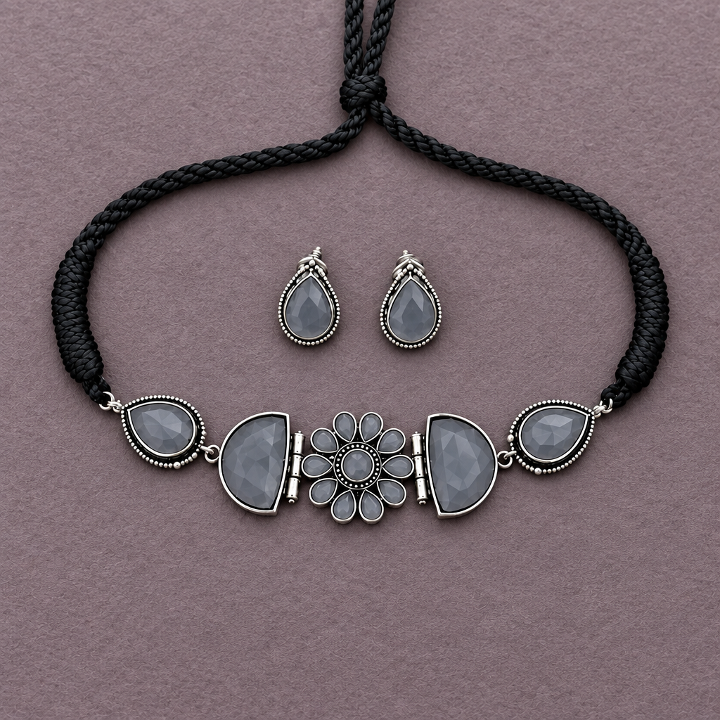 GREY KARYA SILVER PLATED JEWELLERY SET