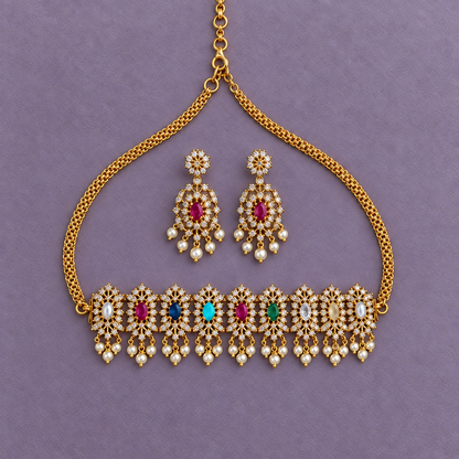 MULTICOLOR NAVRATNA ZIRCONIA JEWELLERY SET