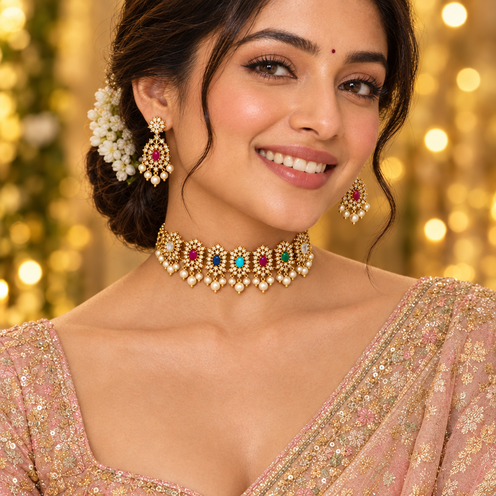 MULTICOLOR NAVRATNA ZIRCONIA JEWELLERY SET