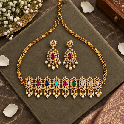 MULTICOLOR NAVRATNA ZIRCONIA JEWELLERY SET