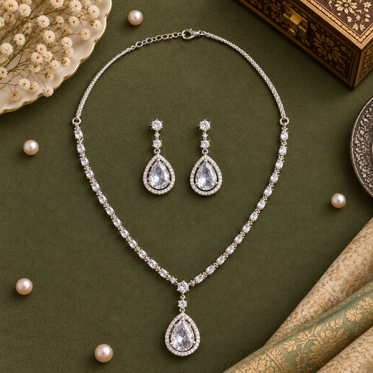 WHITE AMUKRA AMERICAN DIAMOND JEWELLERY SET