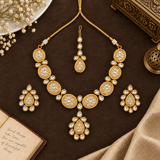 GOLDEN TYAANI KUNDAN JEWELLERY SET