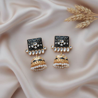 BLACK TEJU KUNDAN JHUMKI EARRINGS