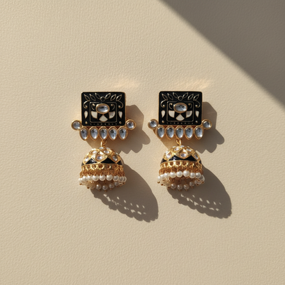 BLACK TEJU KUNDAN JHUMKI EARRINGS