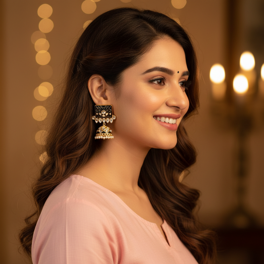 BLACK TEJU KUNDAN JHUMKI EARRINGS