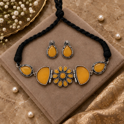 YELLOW KARYA SILVER PLATED JEWELLERY SET
