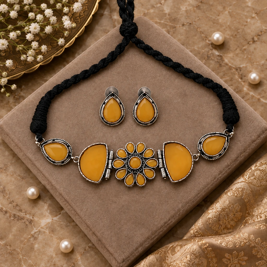 YELLOW KARYA SILVER PLATED JEWELLERY SET