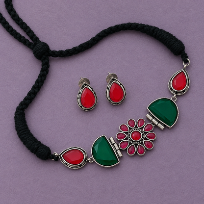 MULTICOLOR KARYA SILVER PLATED JEWELLERY SET