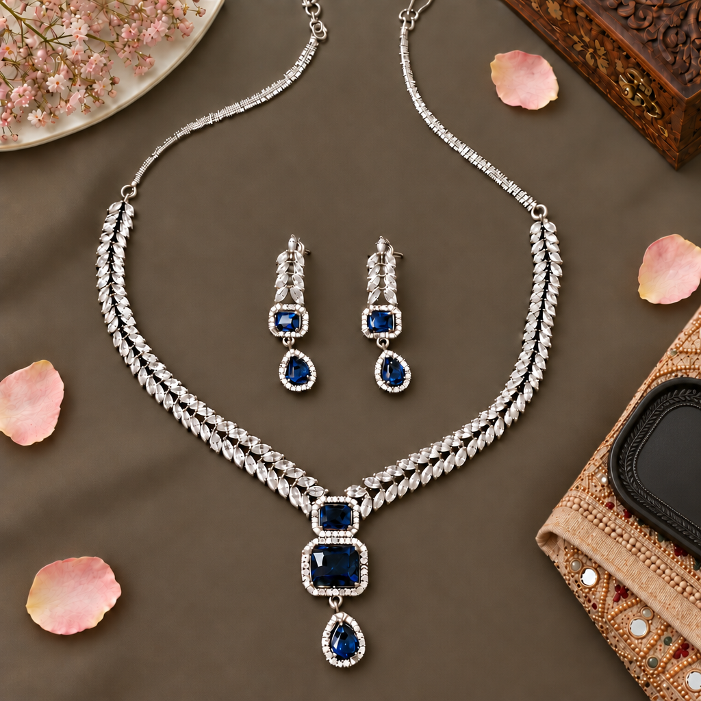 NAVY ANURA AMERICAN DIAMOND JEWELLERY SET