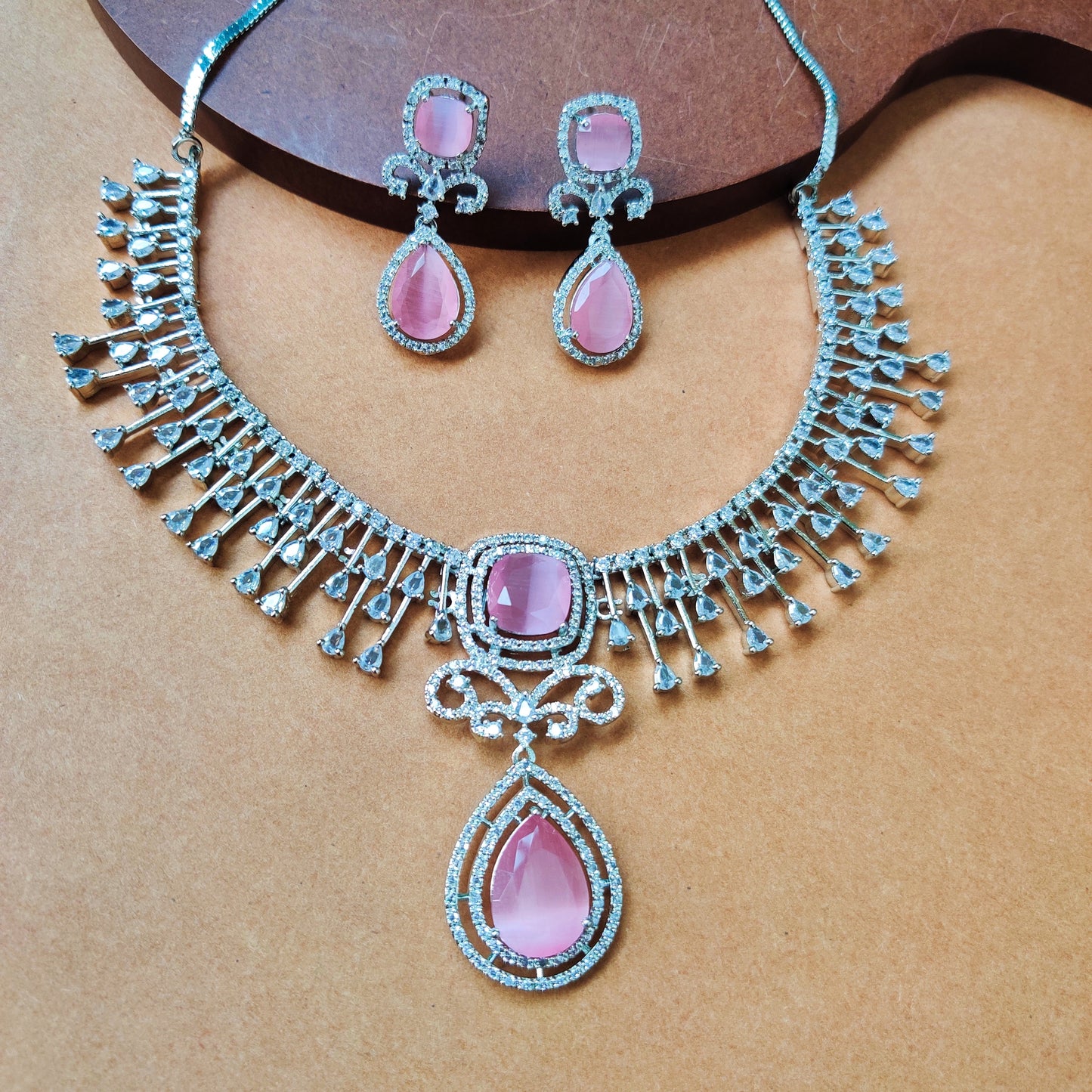 PINK NIHARIS AMERICAN DIAMOND JEWELLERY SET
