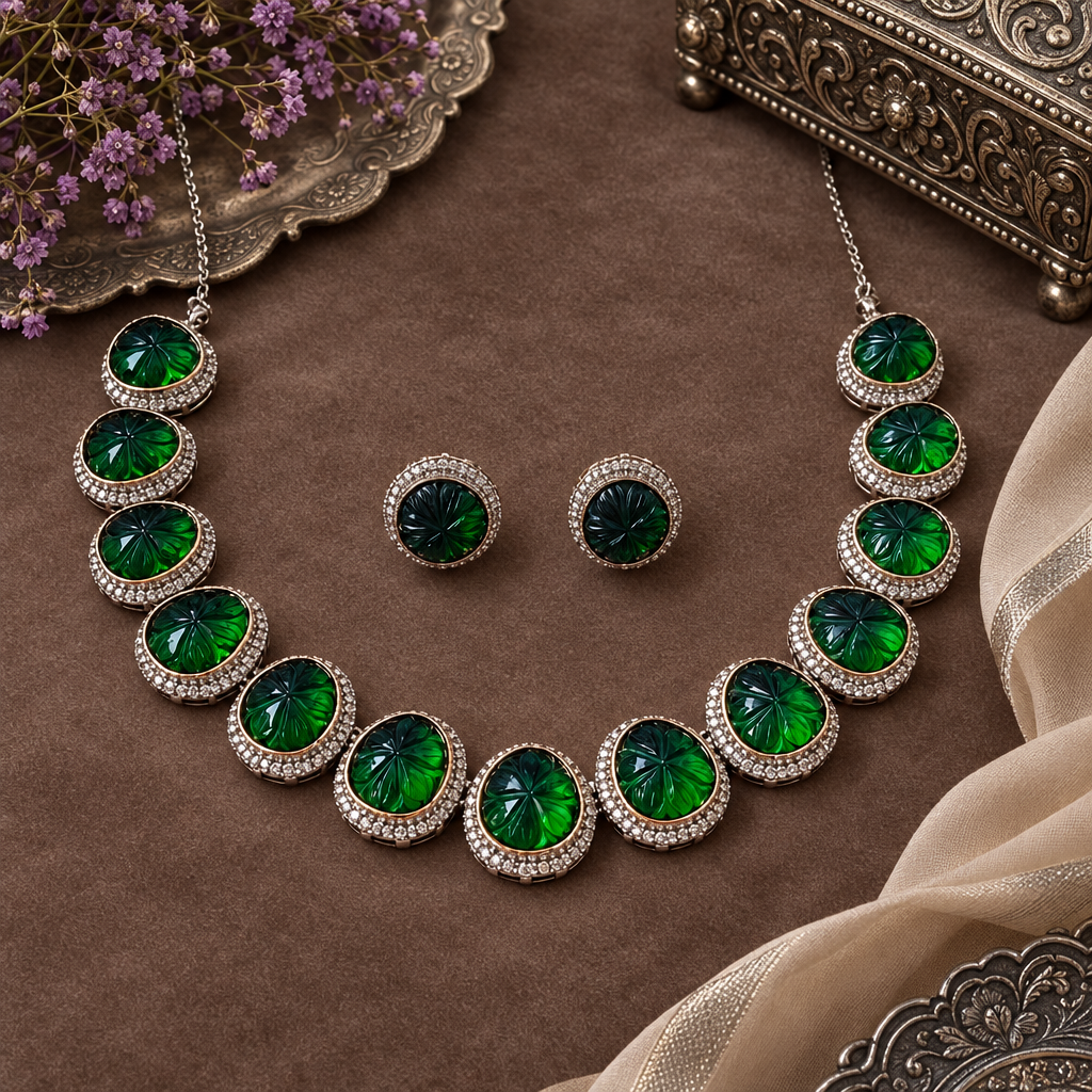 EMERALD SAMANTHA AMERICAN DIAMOND JEWELLERY SET