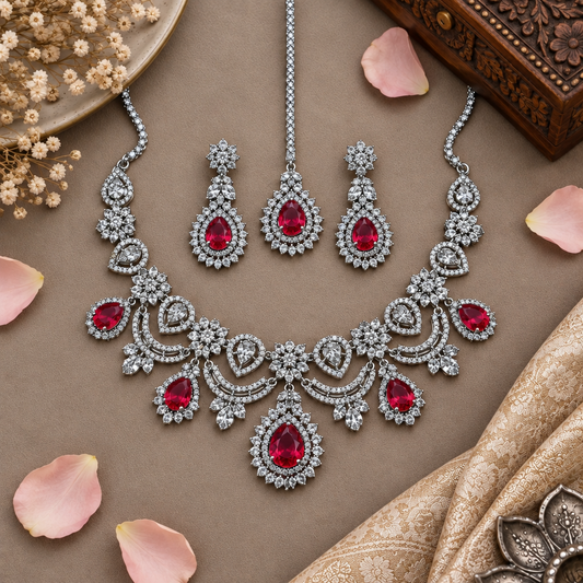 RUBY CINDY AMERICAN DIAMOND JEWELLERY SET