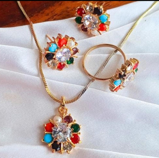 NAVRATAN CHAIN PENDANT EARRING WITH ADJUSTABLE RING