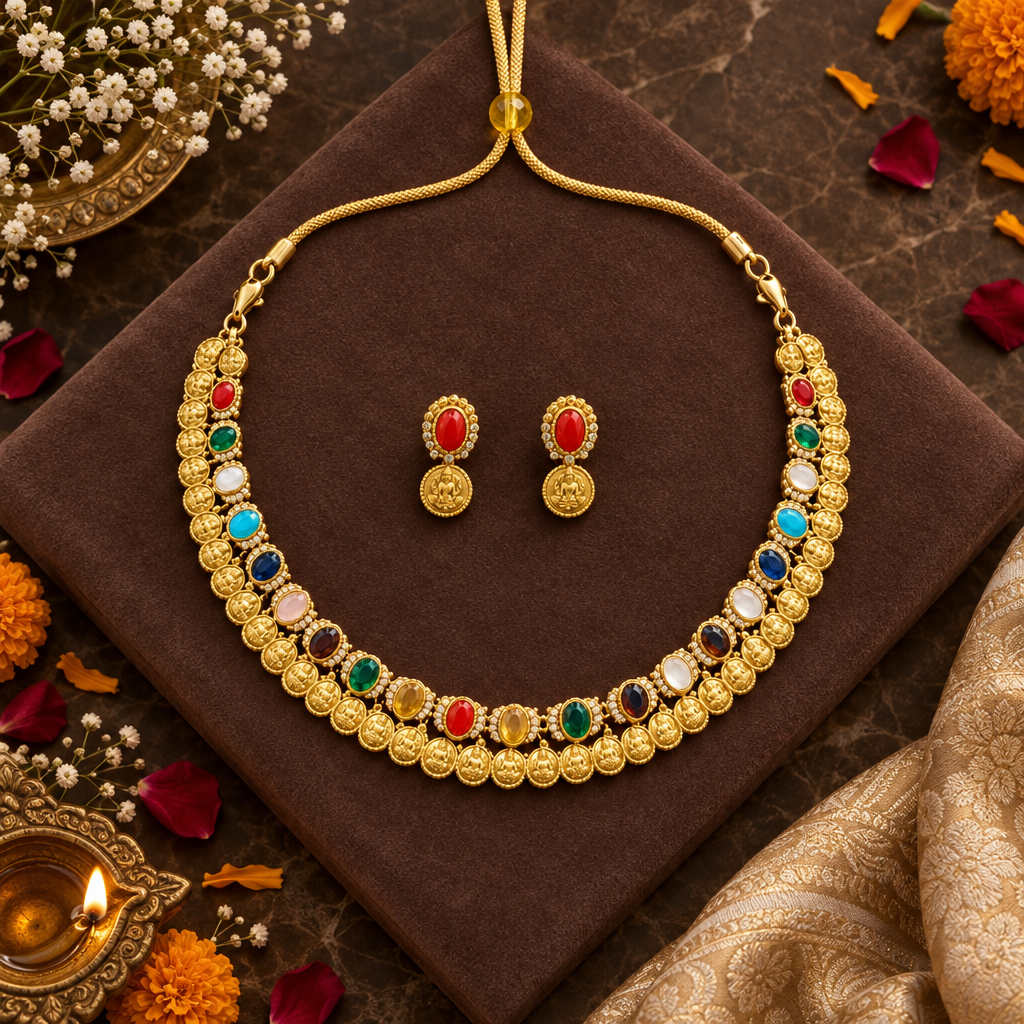 ORIGINAL NAVRATHAN TEMPLE JEWELLERY SET