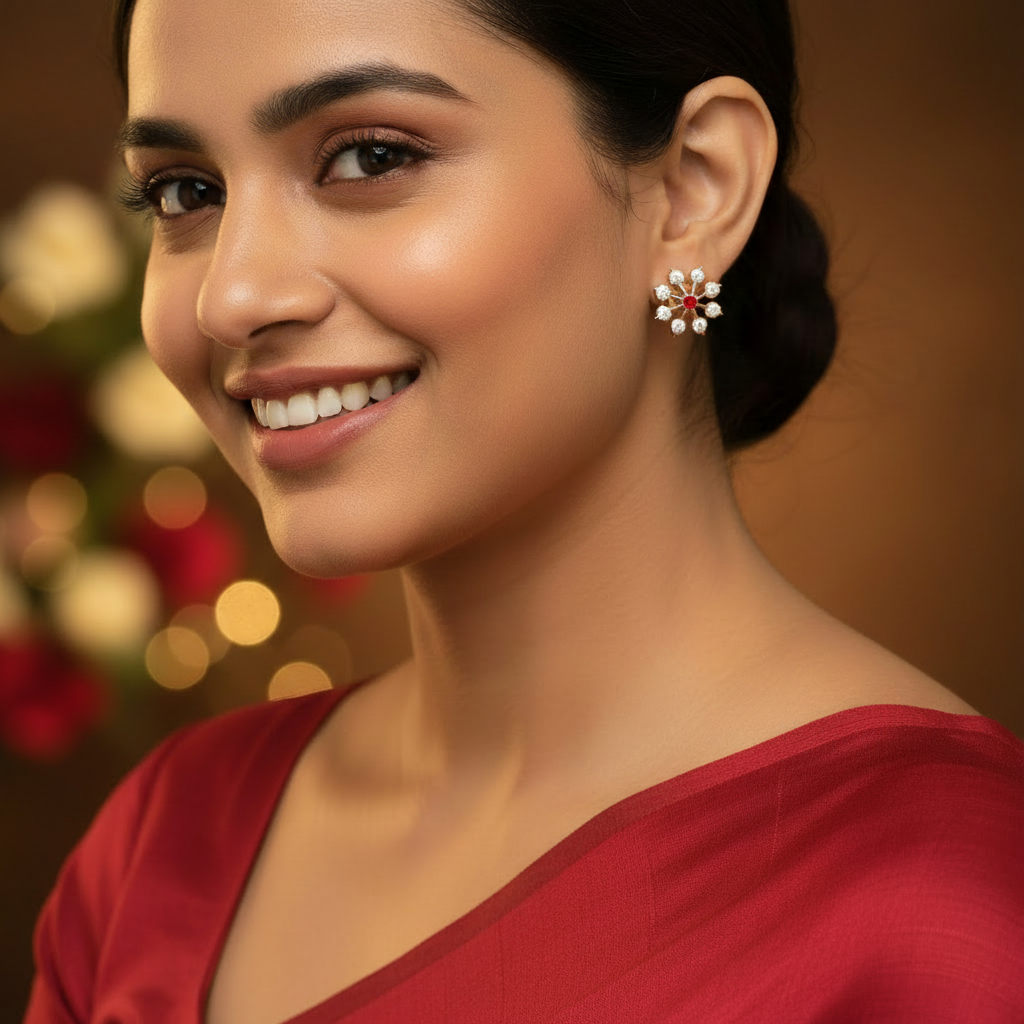 RUBY DIAMOND HIRA NINE STONE STUD EARRINGS