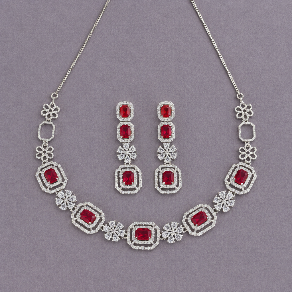 RUBY AAROHI AMERICAN DIAMOND JEWELLERY SET
