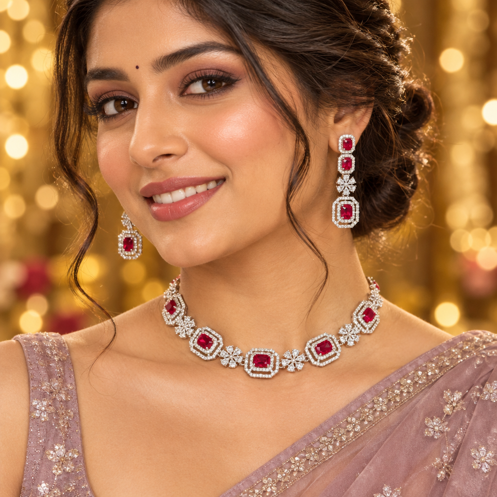 RUBY AAROHI AMERICAN DIAMOND JEWELLERY SET